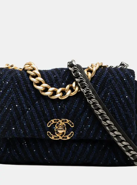 Chanel 19 Flap Large Blue Tweed Sequins Shoulder Bag