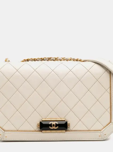 Chanel Octagon CC Clasp Medium White Quilted Calfskin Leather Flap Bag