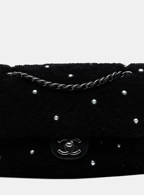 Chanel Classic Flap Medium Black Shearling Pearl Studded Shoulder Bag