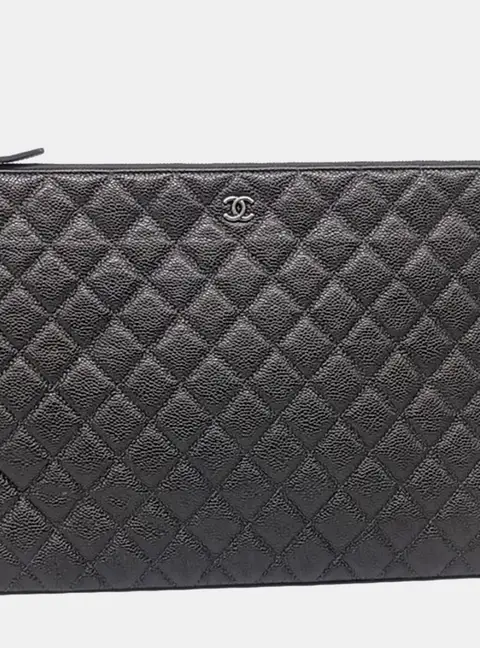Chanel Quilted Large Black Caviar Leather Clutch Bag