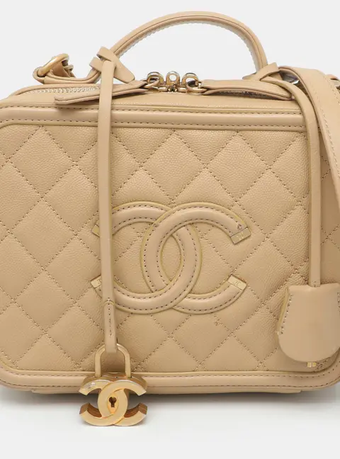 Chanel CC Filigree Medium Beige Caviar Leather Vanity Case Bag