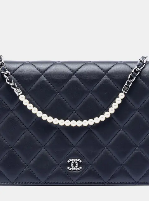 Chanel Pearl Strap Wallet On Chain Small Black Quilted Lambskin Leather Crossbody Bag