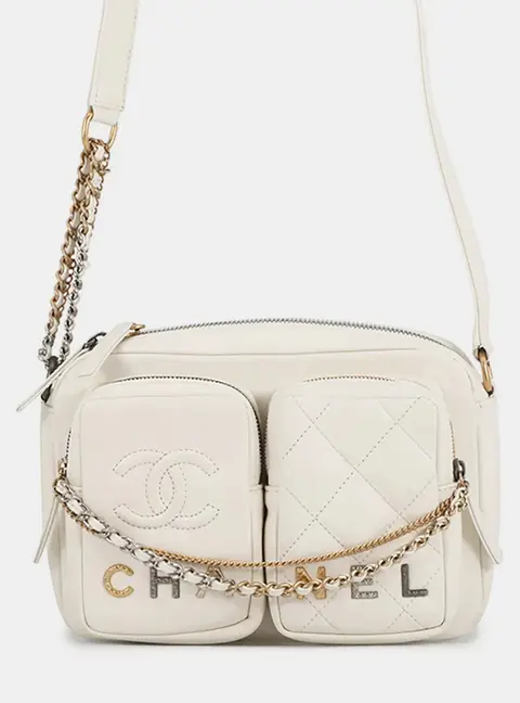 Chanel Matelasse Small White Lambskin Leather Camera Bag