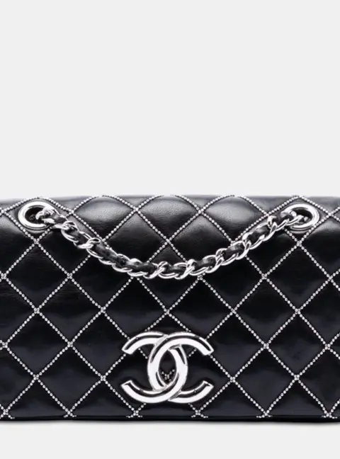 Chanel Mini CC Quilted Lambskin Beaded Full Flap Black Lambskin Shoulder Bag