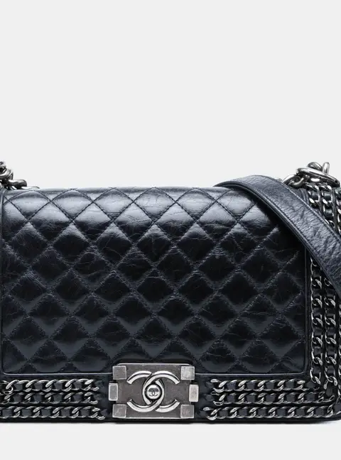 Chanel Chain Around Boy Old Medium Black Glazed Calfskin Flap Bag