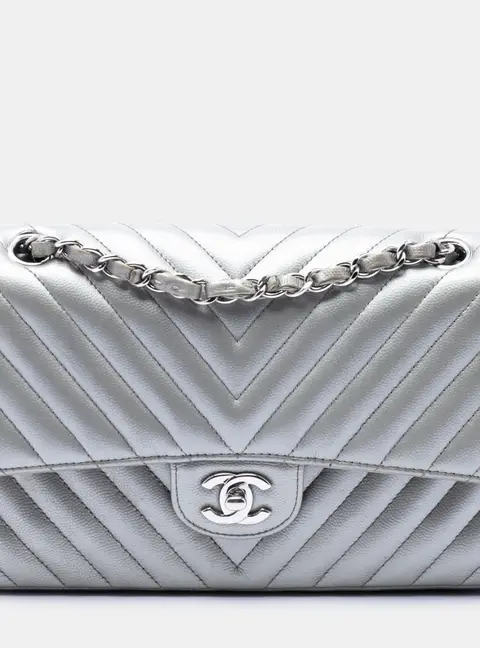 Chanel Medium Classic Chevron Metallic Caviar Double Flap Shoulder Bag