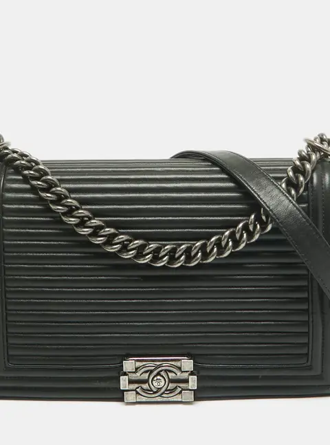 Chanel Boy Striped New Medium Black Leather Flap Bag