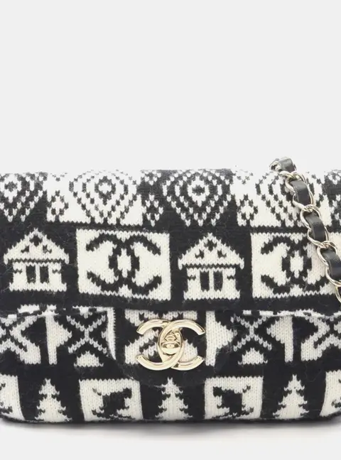 Chanel Coco Neige Black White Wool Shoulder Bag