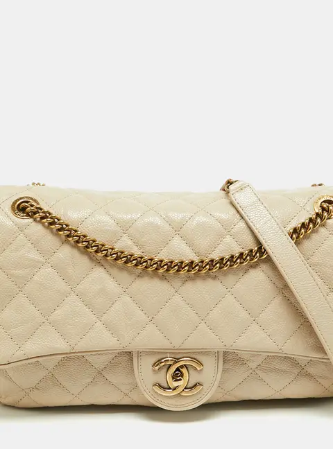 Chanel Shiva Large Beige Quilted Caviar Aged Leather Flap Bag