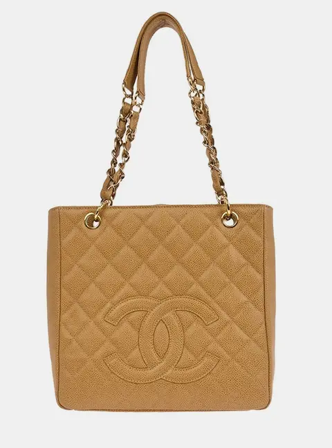 Chanel Petite Shopping Tote Beige Caviar Leather Shoulder Bag