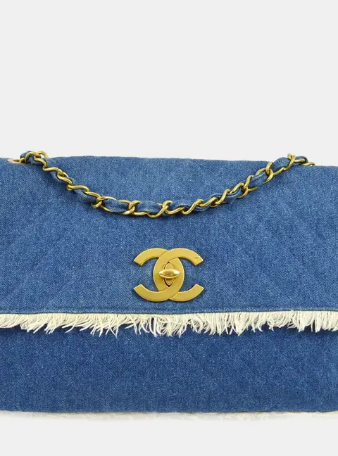 Chanel Blue Denim Maxi Straight Flap Shoulder Bag