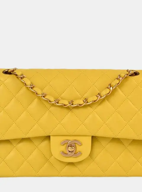 Chanel Yellow Lambskin Medium Classic Double Flap Shoulder Bag