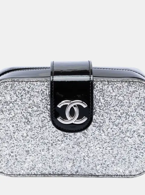 Chanel Evening On The Moon Camera Case Silver Black Glitter Patent Leather Shoulder Bag