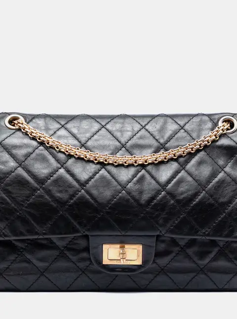 Chanel Reissue 2.55 Double Flap 227 Black Aged Calfskin Leather Shoulder Bag