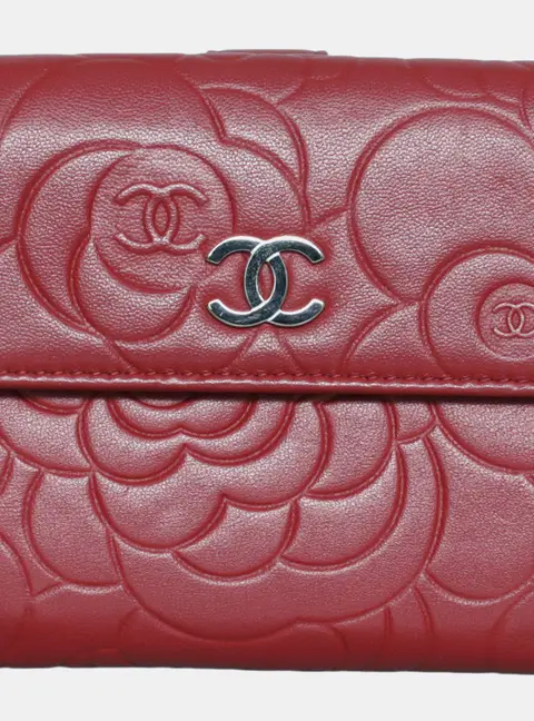 Chanel Camellia Red Grained Calfskin Leather Wallet
