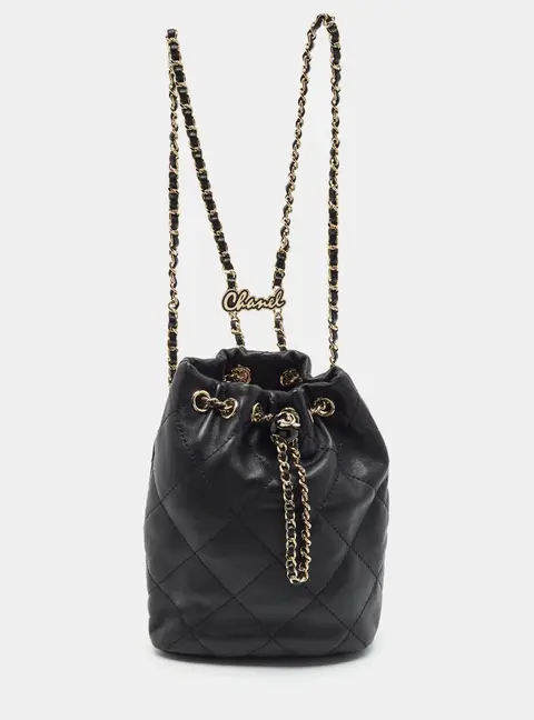 Chanel CC Script Black Quilted Leather Drawstring Backpack