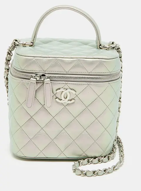 Chanel Vanity Case Metallic Grey Quilted Leather Top Handle Bag