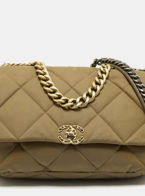 Chanel 19 Maxi Khaki Quilted Fabric Shoulder Bag