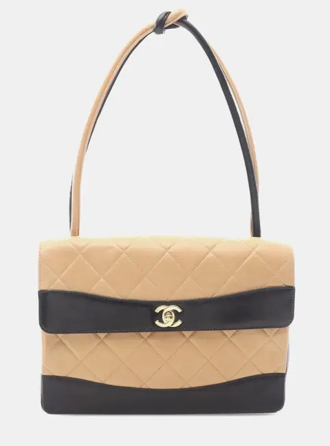 Chanel CC Flap Bicolor Beige Black Lambskin Leather Shoulder Bag