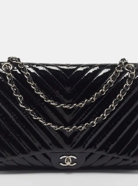 Chanel Classic Single Maxi Black Chevron Patent Leather Flap Bag