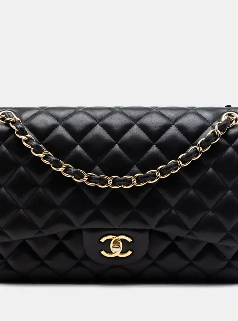 Chanel Classic Jumbo Black Lambskin Gold Tone Metal Flap Bag
