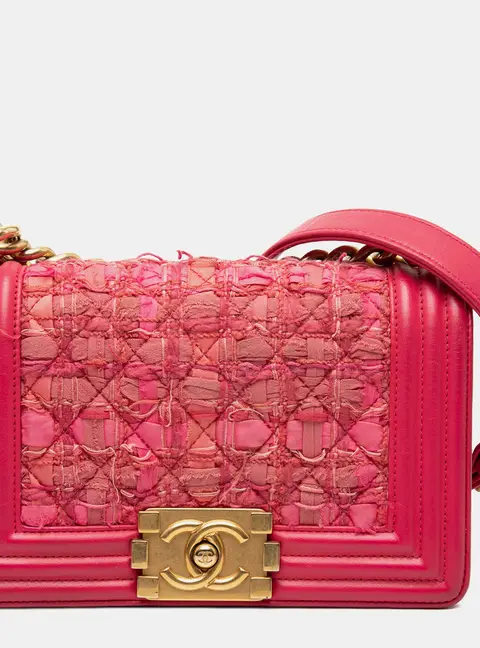 Chanel Boy Mini Pink Tweed Lambskin Flap Shoulder Bag