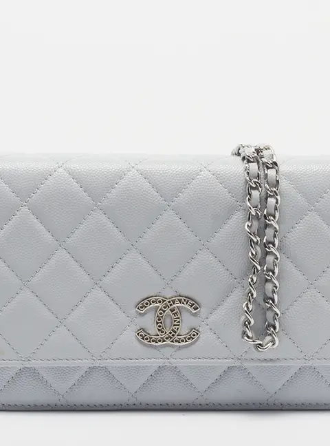 Chanel CC Logo Light Blue Caviar Leather Wallet On Chain