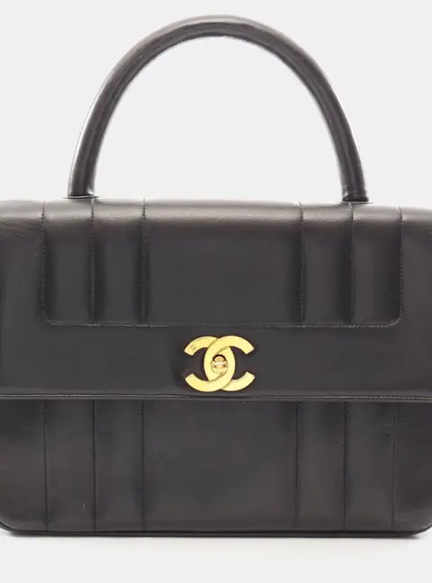 Chanel Vintage Mademoiselle Medium Black Lambskin Leather Top Handle Bag