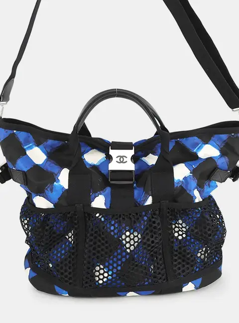 Chanel Airline Tote Blue Plaid Printed Nylon Two-Way Tote Bag