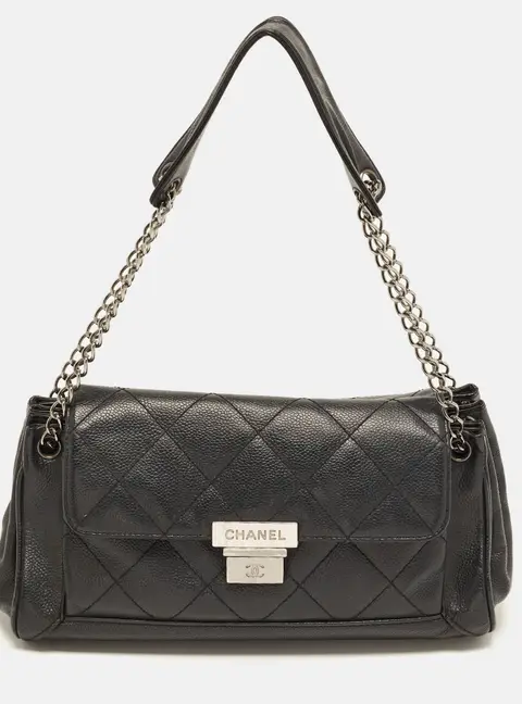 Chanel Accordion Black Quilted Caviar Leather Flap Bag