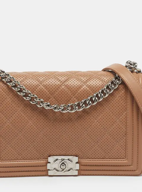 Chanel Boy New Medium Dark Beige Quilted Perforated Leather Flap Bag