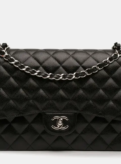 Chanel Classic Jumbo Black Grained Caviar Calfskin Leather Silver Hardware Double Flap Shoulder Bag