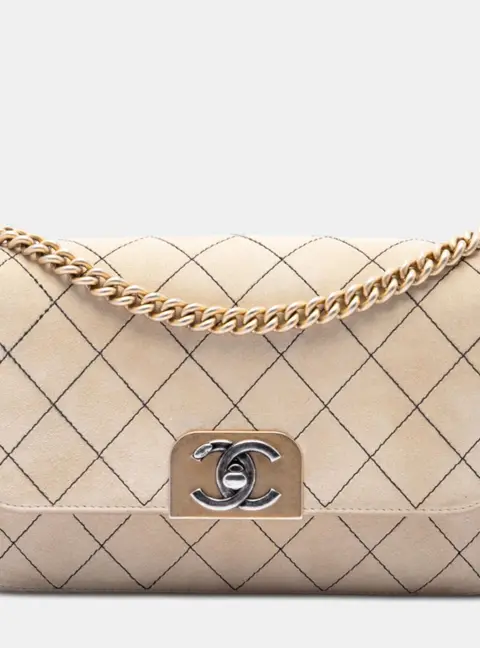 Chanel CC Stitched Single Flap Medium Beige Suede Calfskin Crossbody Bag