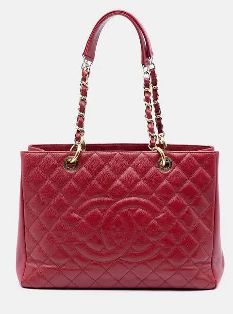 Chanel Grand Shopping Tote Red Quilted Caviar Leather Gold Hardware Shoulder Bag