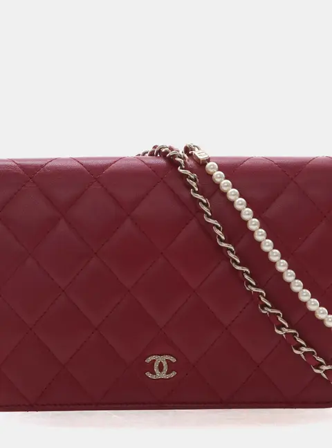 Chanel Quilted Crystal Pearl CC Red Lambskin Wallet on Chain Bag