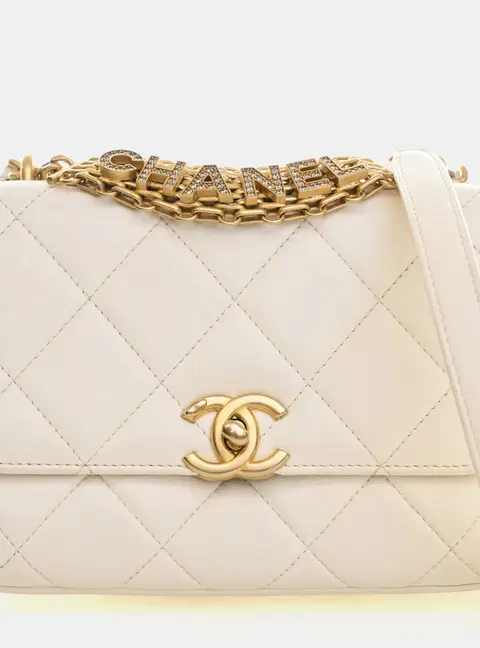 Chanel Crystal Logo Letters Chain Handle Small White Lambskin Shoulder Bag