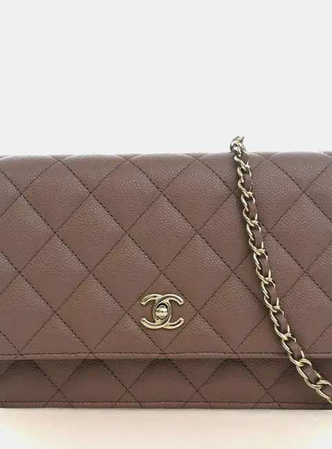 Chanel Quilted CC Turnlock Brown Caviar Leather Wallet On Chain Bag