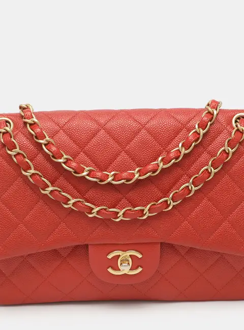Chanel Classic Jumbo Red Orange Glaze Quilted Caviar Leather Double Flap Bag