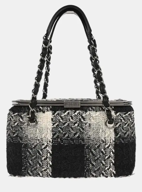 Chanel Vintage Paris-New York Black White Tweed Leather Box Bag