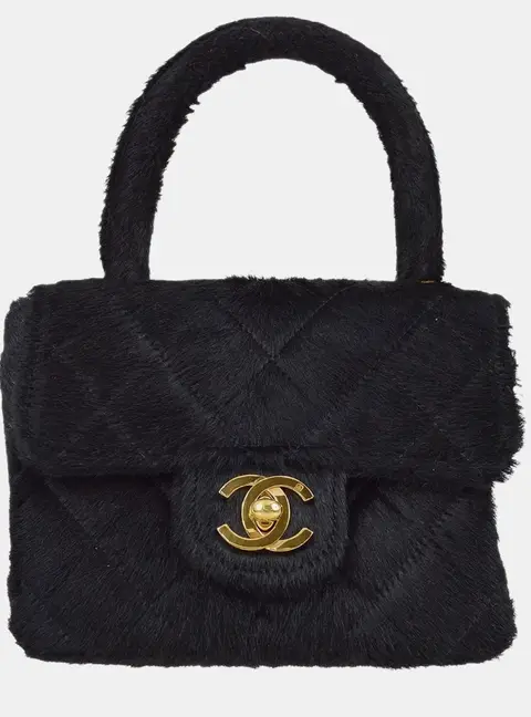 Chanel Classic Flap Micro Black Pony Hair Top Handle Bag