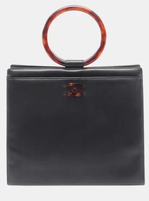 Chanel CC Vintage Black Lambskin Leather Tortoiseshell Ring Top Handle Bag