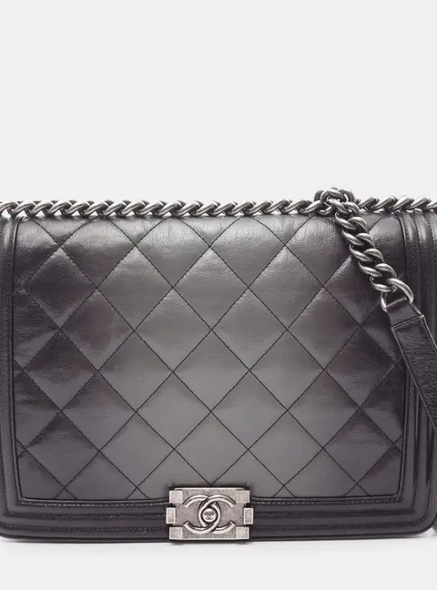 Chanel Boy Large Grey Black Ombre Quilted Calfskin Leather Shoulder Bag