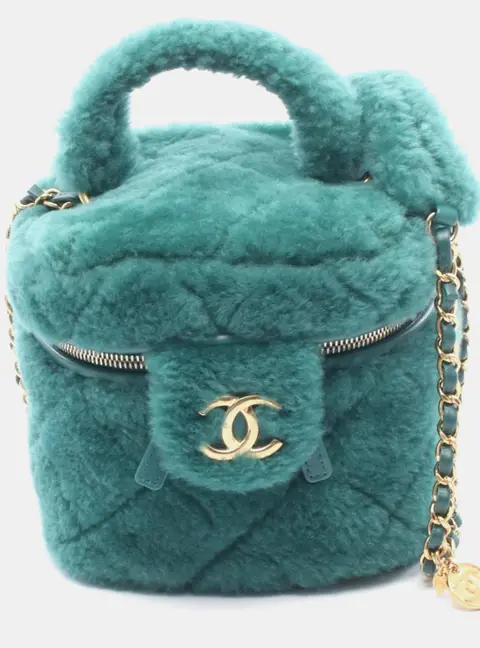 Chanel Small Shearling Vanity Case Green Shearling Top Handle Bag