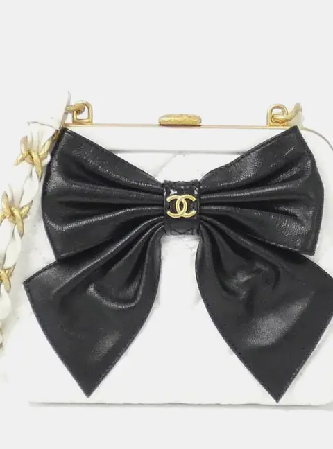 Chanel Bow Frame Mini White Black Lambskin Leather Clutch Bag