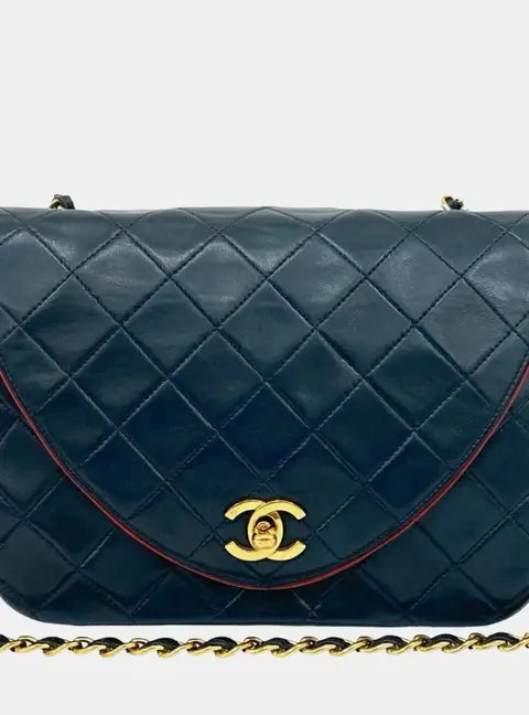 Chanel Vintage Curved Flap Two Tone Navy Red Lambskin Leather Shoulder Bag