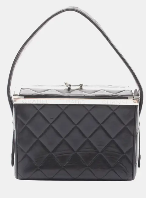 Chanel Vintage Quilted Small Black Lambskin Leather Metal Frame Top Handle Bag