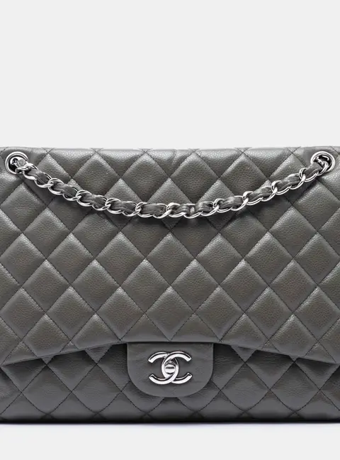 Chanel Classic Maxi Grey Quilted Caviar Grained Calfskin Leather Single Flap Shoulder Bag
