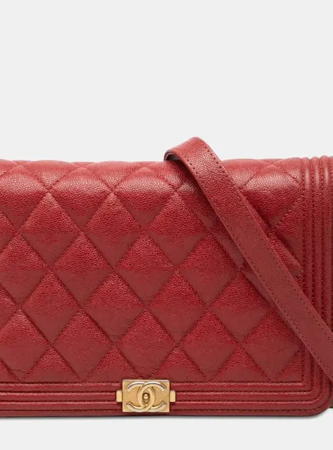 Chanel Boy Red Quilted Caviar Leather Wallet on Chain Bag