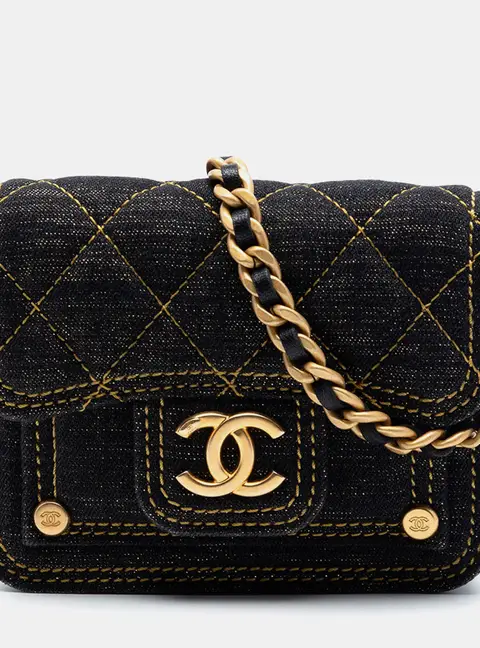Chanel Double You Mini Blue Quilted Denim Card Holder Bag