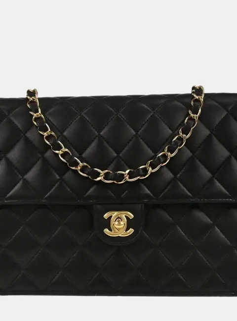 Chanel Vintage Medium Half Flap Turnlock Black Lambskin Shoulder Bag
